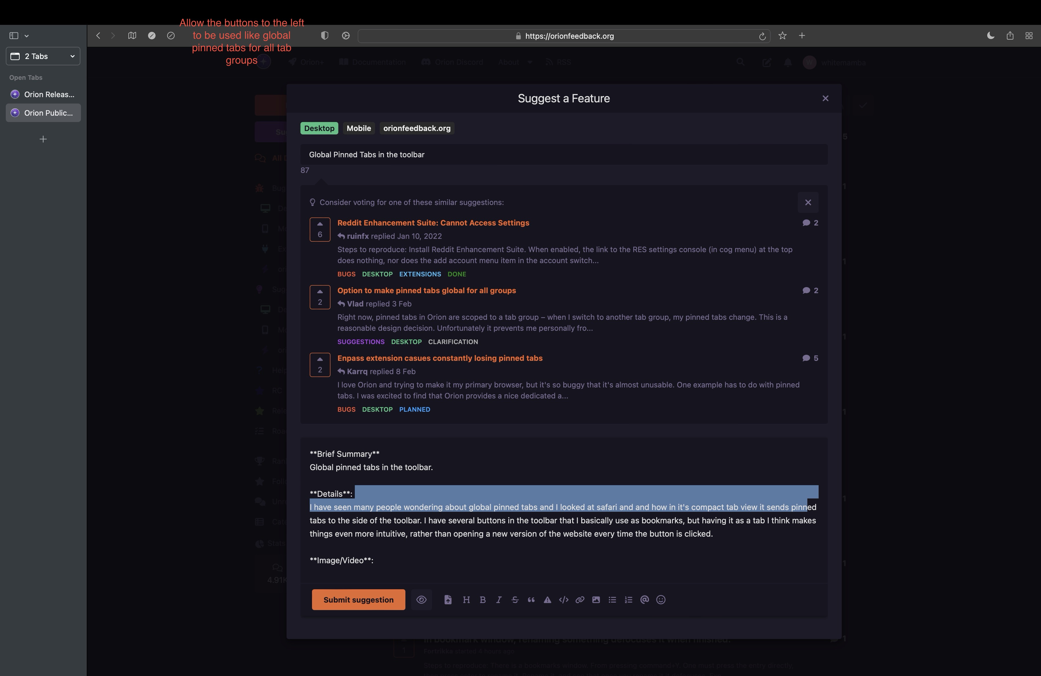 Global Pinned Tabs in the toolbar - Orion Public Issue Tracker