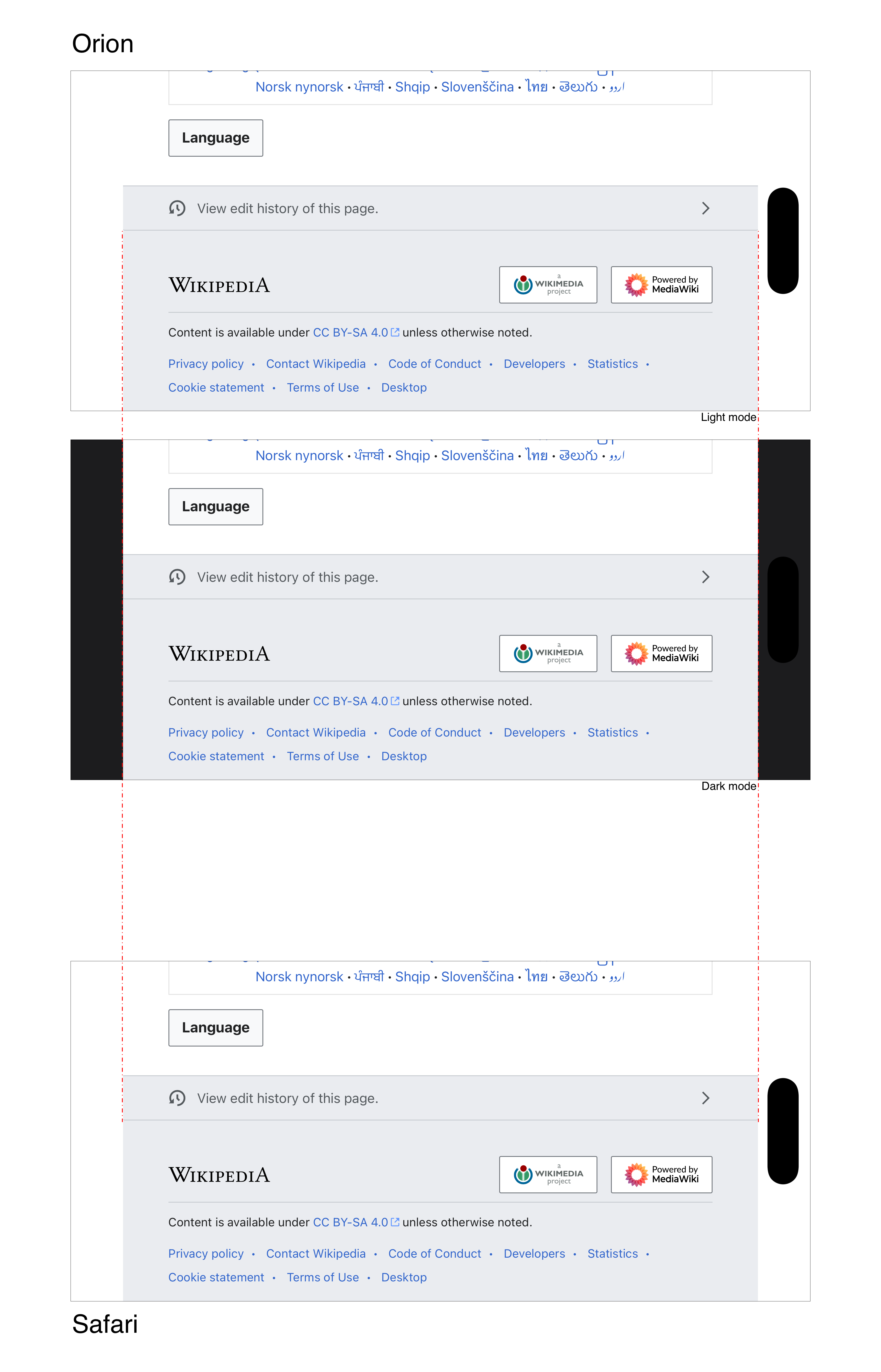 Image showing various screenshots of Orion and Safari, demonstrating a similar viewport width and similar handling of horizontal safe areas