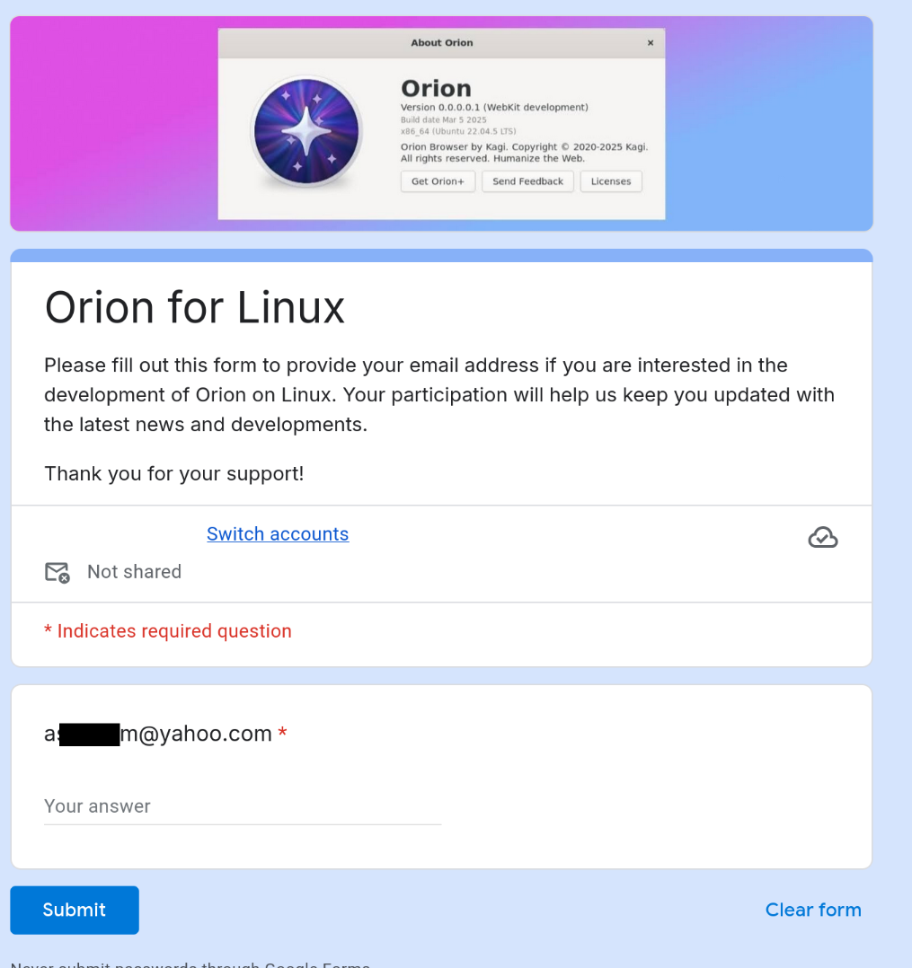 screenshot of the google form