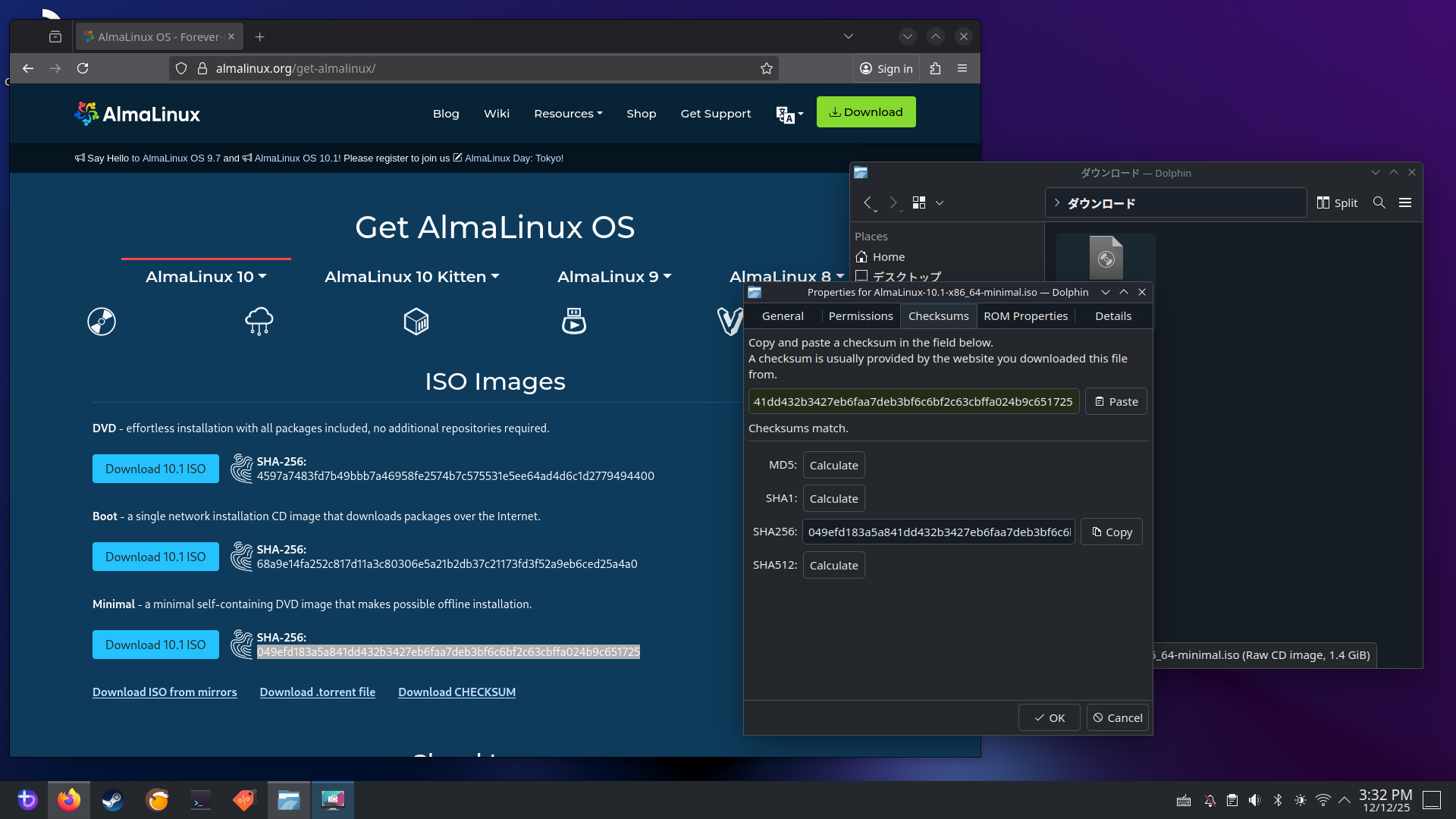 {A screenshot of KDE Plasma desktop. Firefox on the left shows the download page of the AlmaLinux operating system. It shows SHA-256 checksums for each OS installer file. Dolphin on the right shows the properties of downloaded installer file in separate window. On that window, the Checksums tab is chosen and it shows that the checksum copied-and-pasted from the webpage matches that calculated locally.}