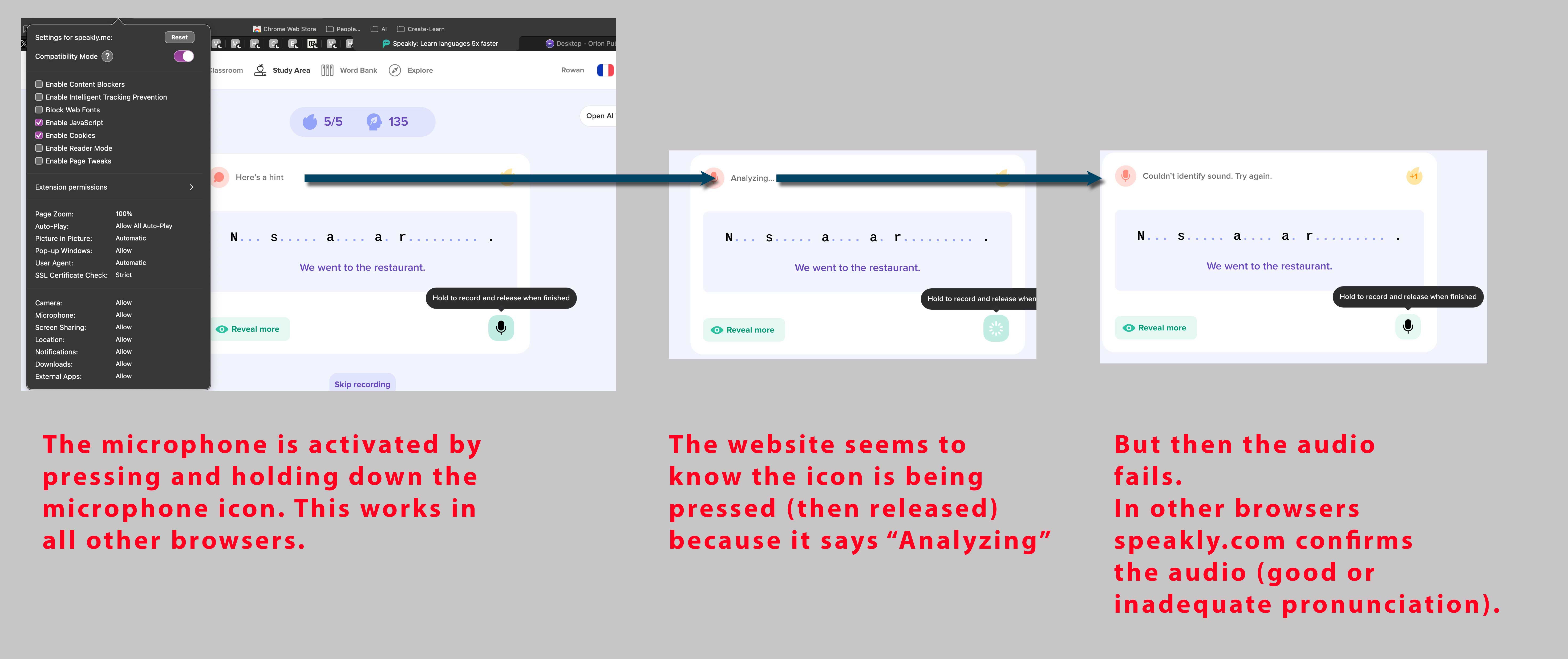 {Screenshots that show Orion has an issue with audio sent to speakly.com for processing.}