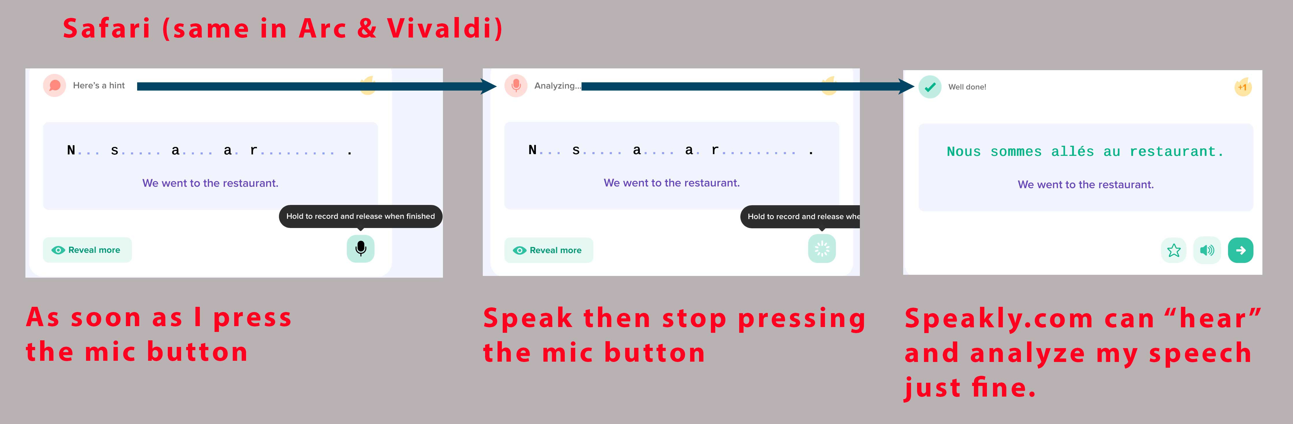 {Screenshots that show Safari can send the audio to speakly.com for processing.}