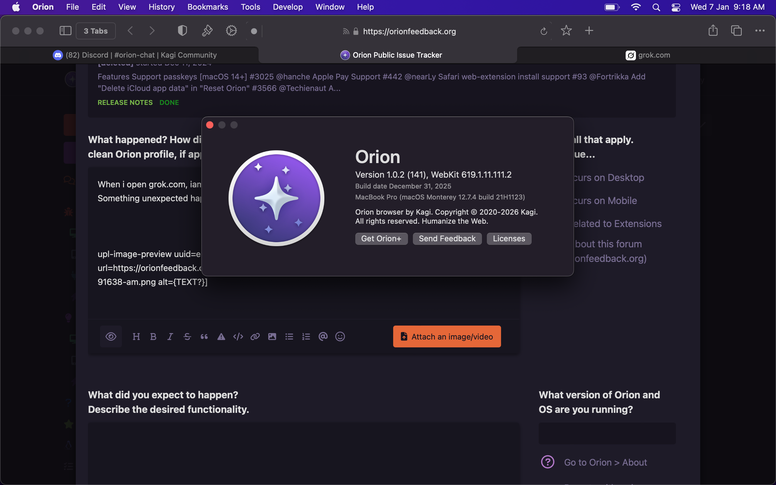 Grok website not opening on my Macbook pro - Orion Public Issue Tracker
